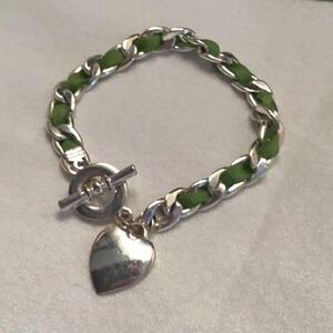 Silvertone Curb Chain with Green Ribbon Heart Bracelet